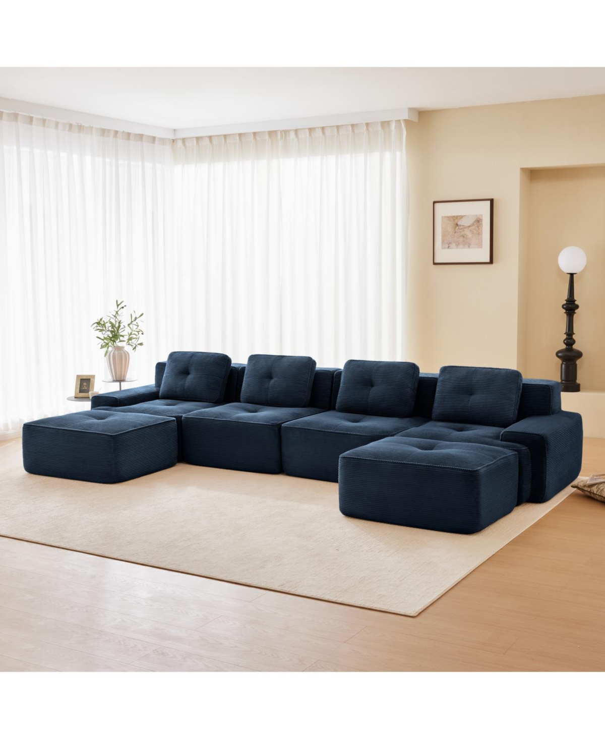 Streamdale Furniture Modern U-Shaped Corduroy Sectional Sofa with Ottomans, Blue