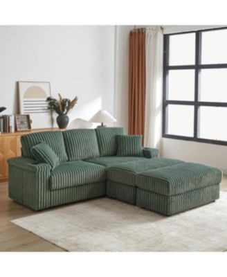 Streamdale 84Inch Corduroy 3-Seater Sofa with Pillows, Ottomans, Storage & Cup Holders