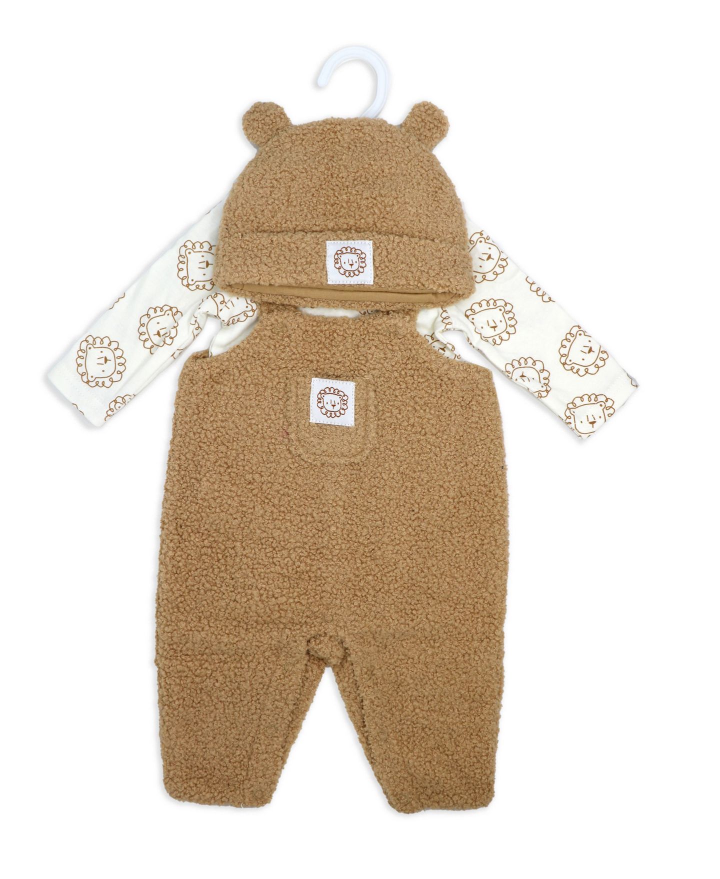 Детский комплект Baby Mode с львами: полукомбинезон, боди и кепка, 3 предмета, цвет: Верблюжий / Молочный белый — фото 2