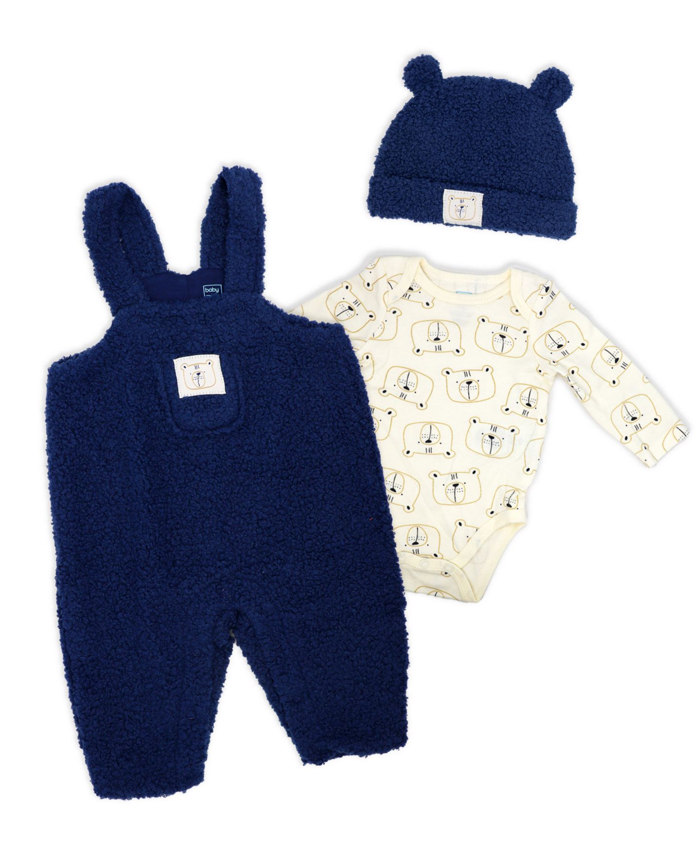 Детский комплект Baby Mode: полукомбинезон с мишками, боди и кепка, 3 предмета, цвет: Тёмно-синий / Кремовый — фото 1