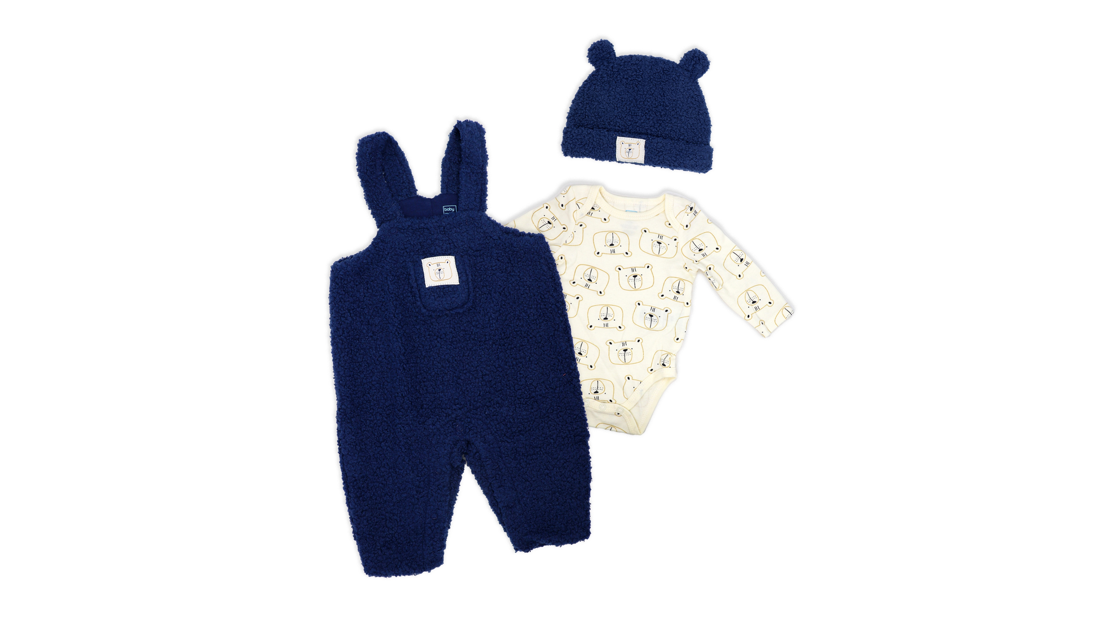 Baby Mode Boys' Bears Print Overall, Bodysuit and Cap, 3-Piece Set