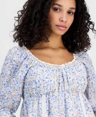 Juniors' Long-Sleeve Woven Peasant Top