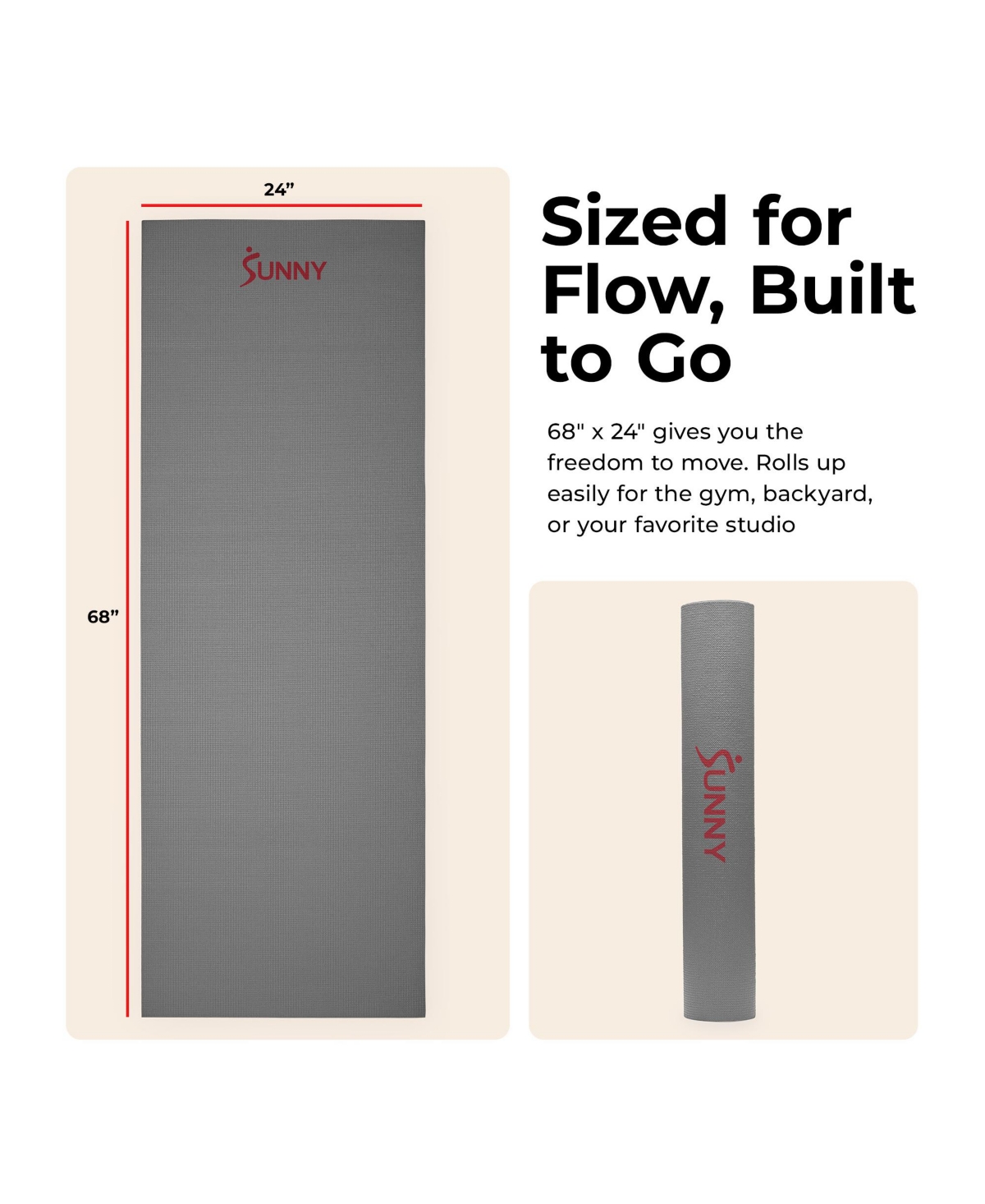 Sunny Health & Fitness Durable Tear-Resistant Yoga Mat, Grey