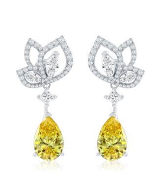 Suzy Levian Gala Collection Sterling Silver Pear Shape Cubic Zirconia Drop Floral Earrings