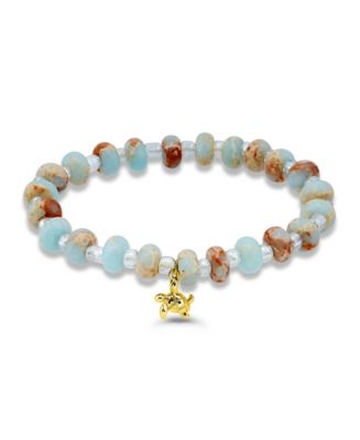 Macy's Blue Imperial Jasper Rondelle Beads and Turtle Drop Gold Plated Stretch Bracelet