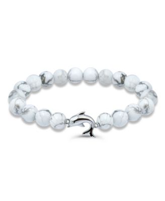 Howlite Chrysocolla Beads and Dolphin Charm Station Silver Plated Stretch Bracelet