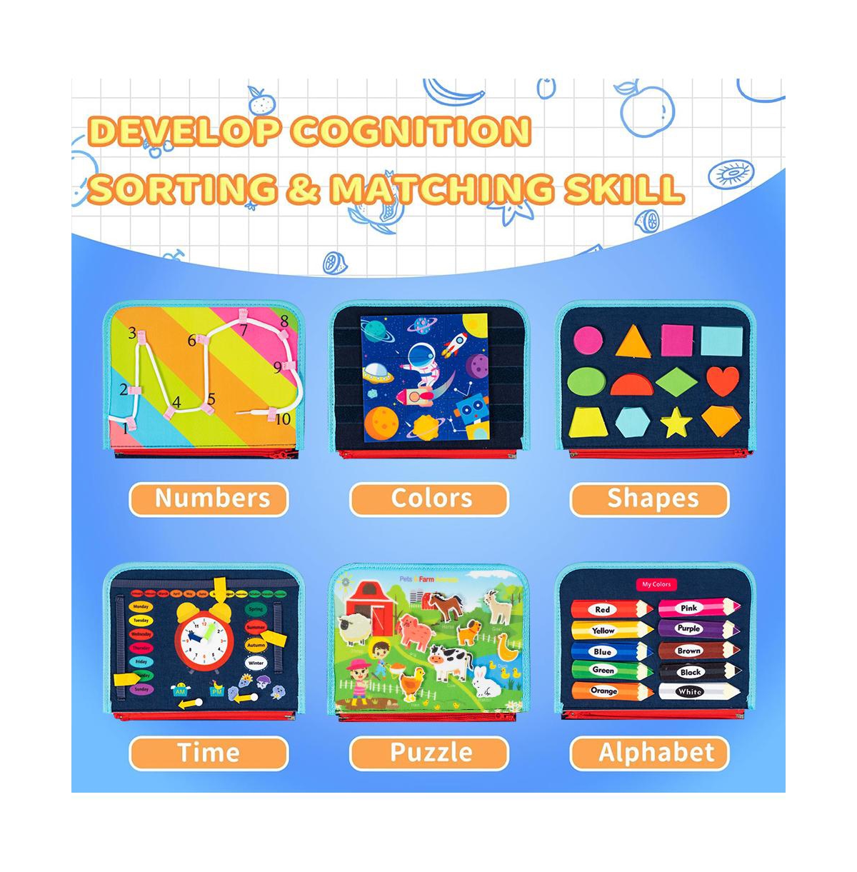 Cowin Busy Board 8 in 1 Busy Book Montessori Toys for Toddler Sensory Toys Developing Sensory Board Travel Toys Blue