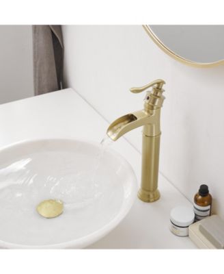 Waterfall Single Handle Bathroom Vessel Sink Faucet Farmhouse Vanity Bowl Tall Lavatory With Metal Drain In Brushed Gold
