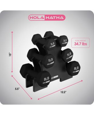 3, 5 & 8 Pound Hex Dumbbell Hand Weight Set with Storage Rack, Black