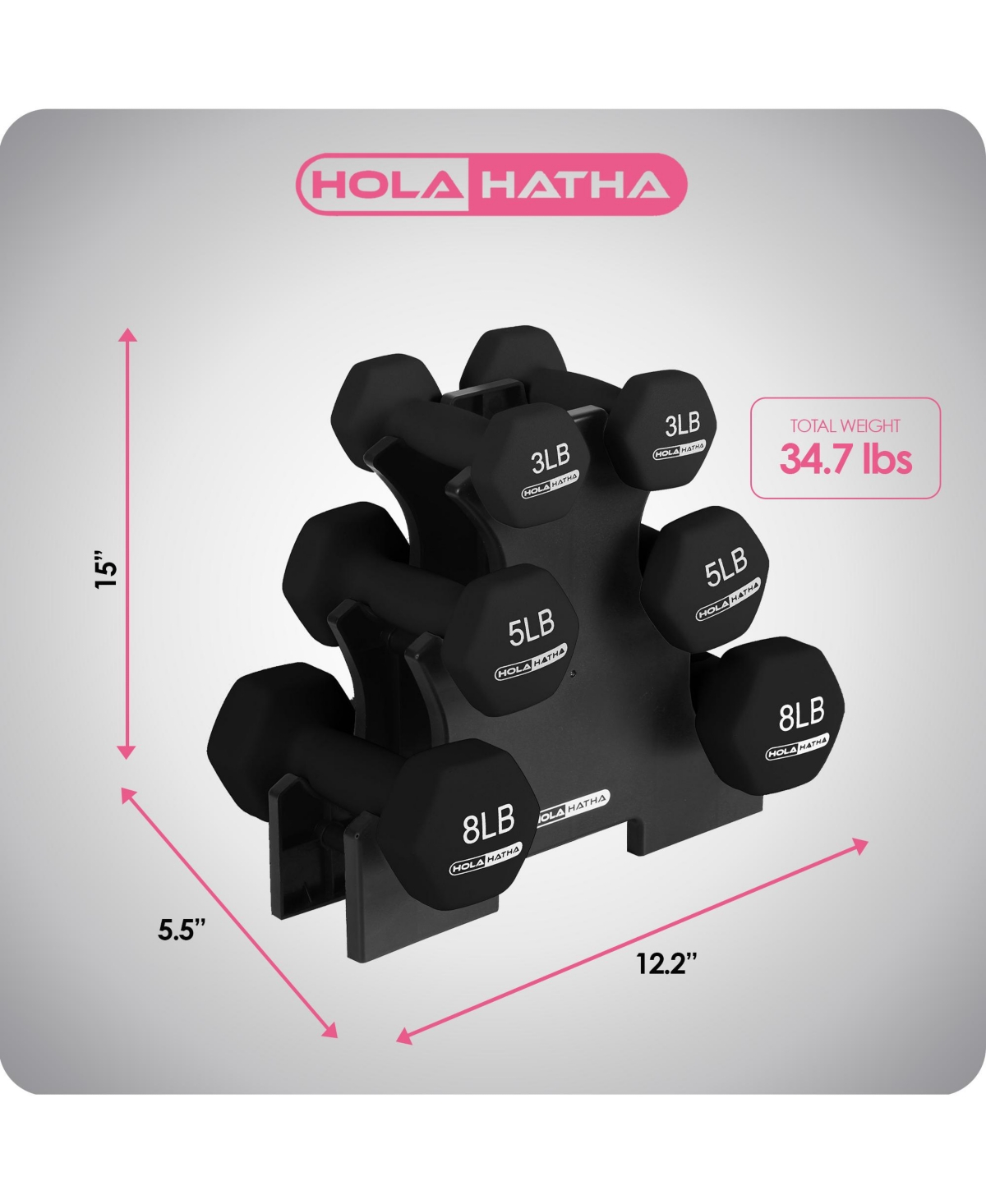 HolaHatha 3, 5 & 8 Pound Hex Dumbbell Hand Weight Set with Storage Rack, Black