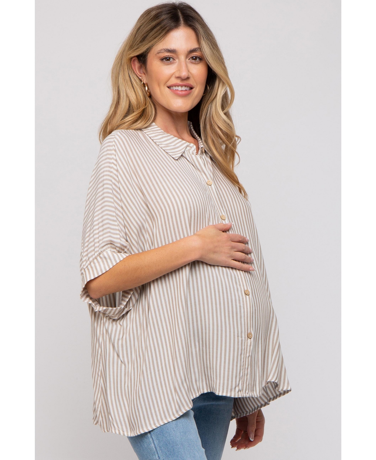 Pinkblush Maternity Taupe Striped Button Up Dolman Top