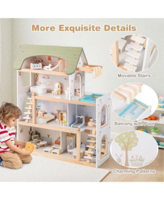 Large Wooden Dollhouse Playset With 33 Furniture Pieces And Balcony Pool