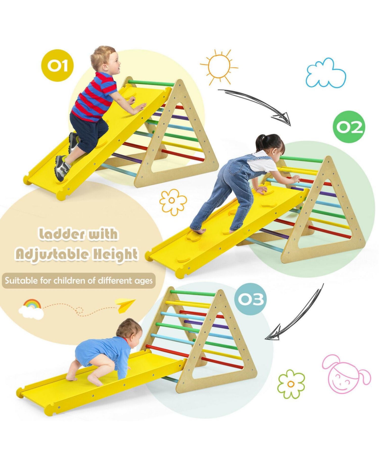 3-in-1 Wooden Triangle Climbers and Ramp, 3-Piece Set