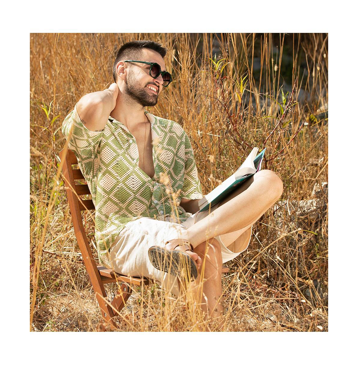 Campus Sutra Men's Grass Green & Pale Yellow Geometric Block Oversized Shirt