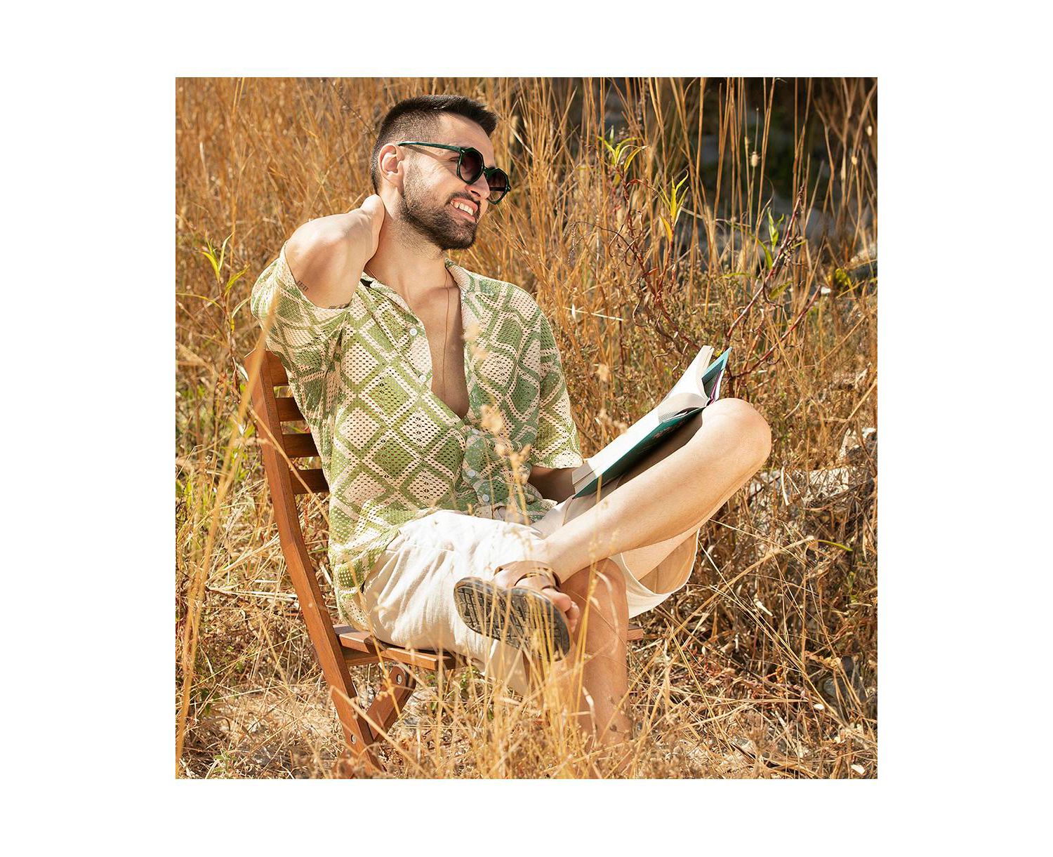 Men's Grass Green & Pale Yellow Geometric Block Oversized Shirt