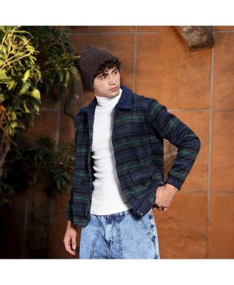 Men's Navy Blue & Emerald Green Striped-Jacquard Sherpa-Lined Jacket