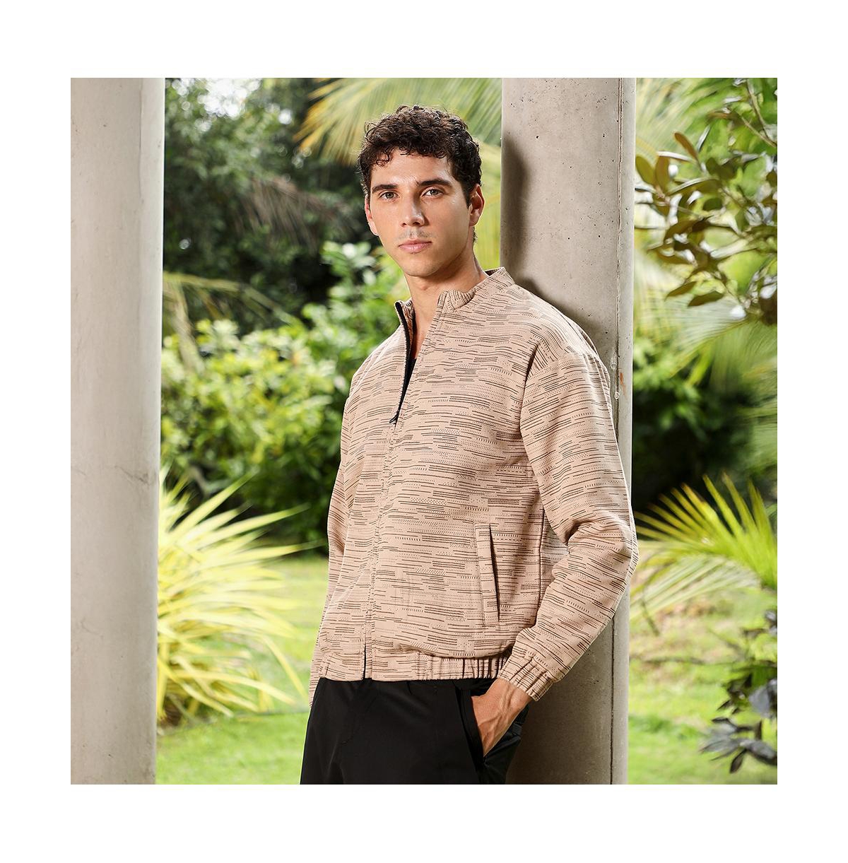 Campus Sutra Men's Sand Beige Lined-Jacquard Bomber Jacket