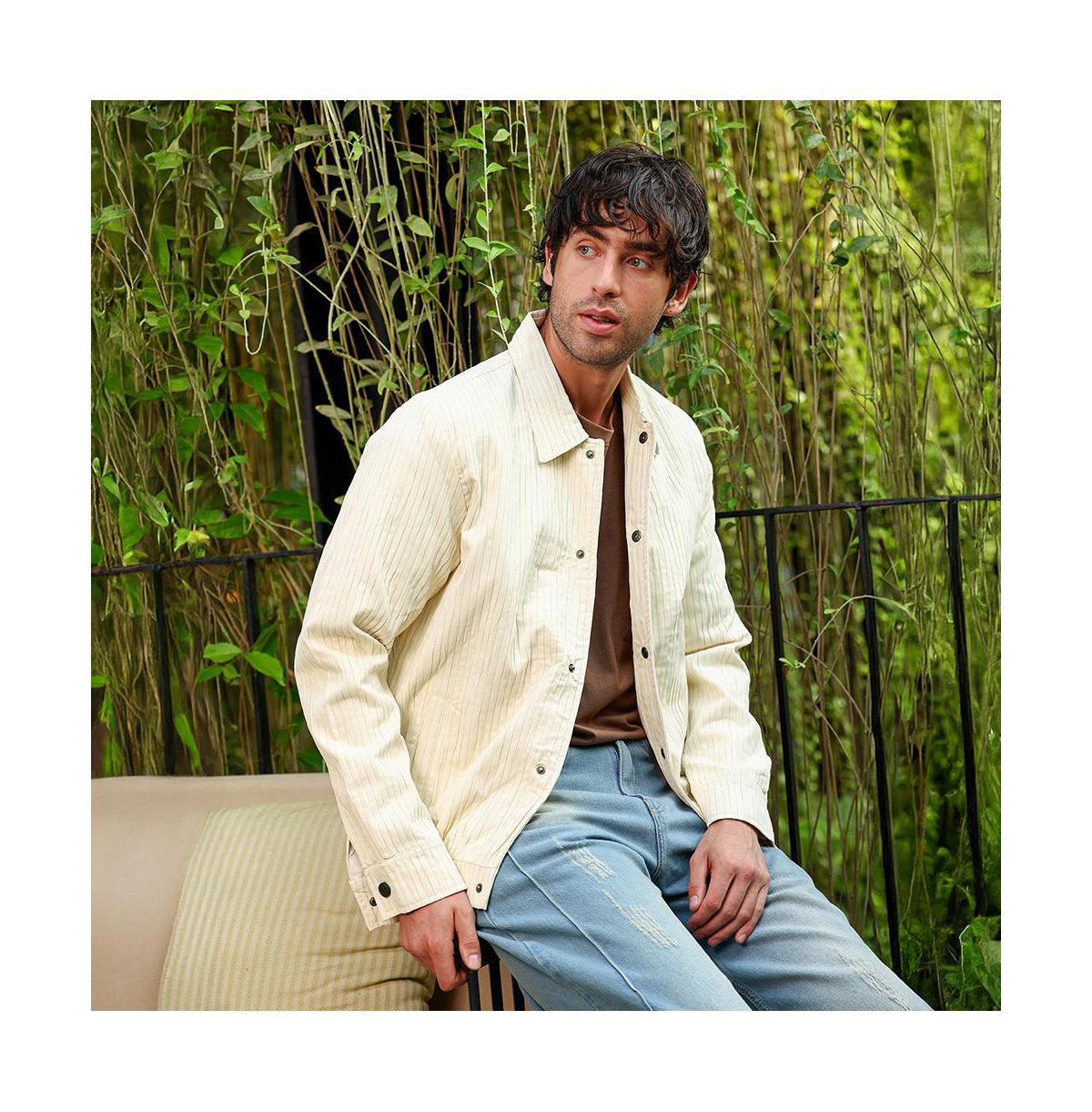 Campus Sutra Men's Cream White Lined-Tactile Bomber Jacket