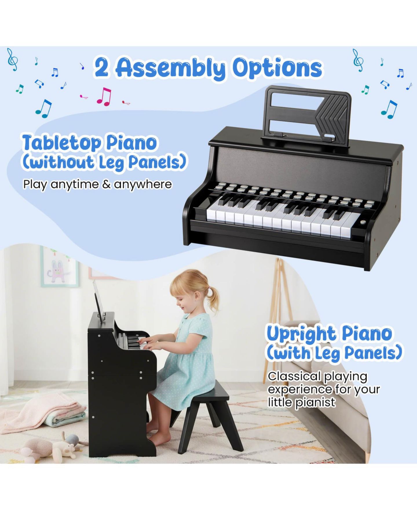 Детские игрушки Costway 25-Key Digital Piano with Lighted Keys Teaching Mode, 3-Piece Set, Ages 3+, цвет: Чёрный — фото 6