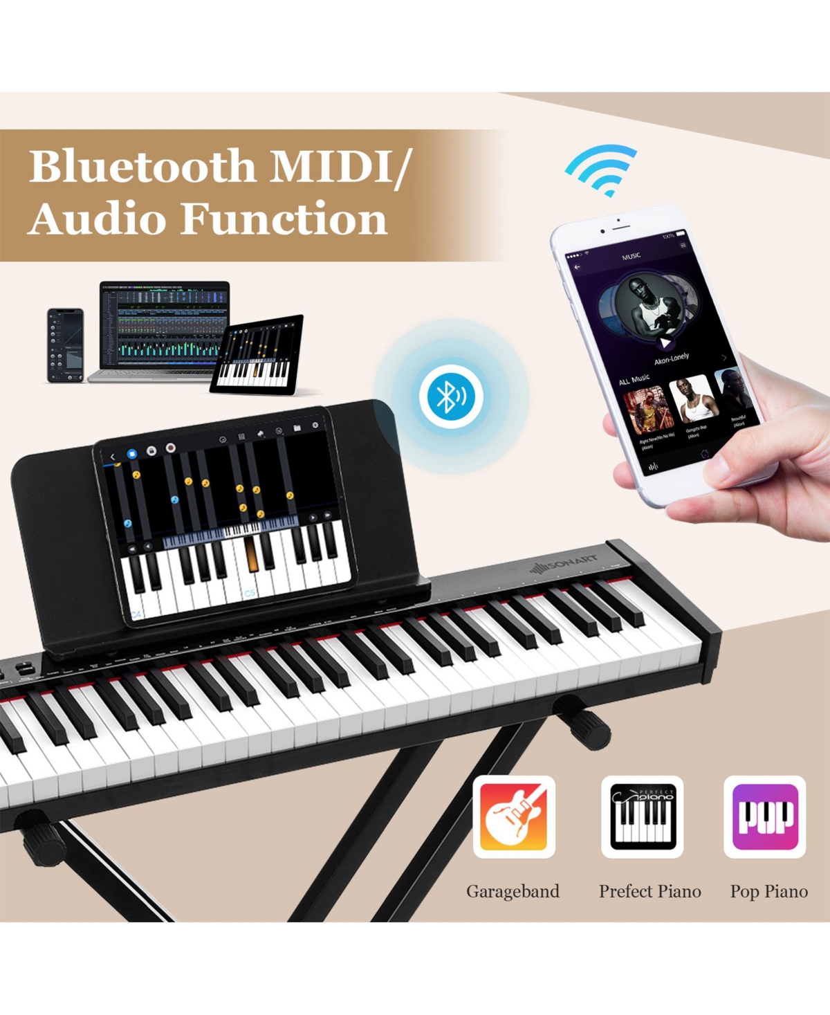 Sugift 61-Key Portable Electronic Keyboard Piano Complete Digital Piano Set with Stand and Stool