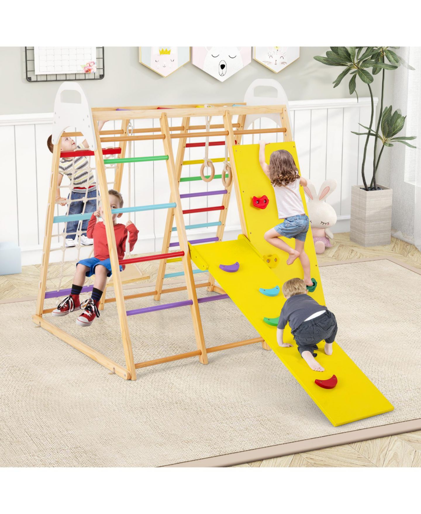 Детский игровой набор HONGGE 8-in-1 Wooden Jungle Gym Playset with Slide, Monkey Bars, and Climbing Wall, цвет: Жёлтый натуральный белый — фото 6
