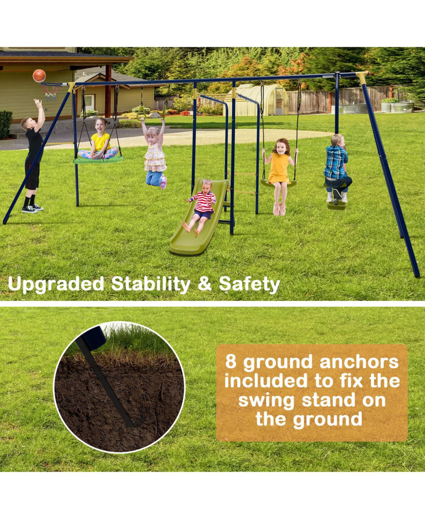 Детские игрушки HONGGE 7-in-1 Metal Swing Set with Slide, Monkey Bar & Hoop, Ages 3-10 — фото 5