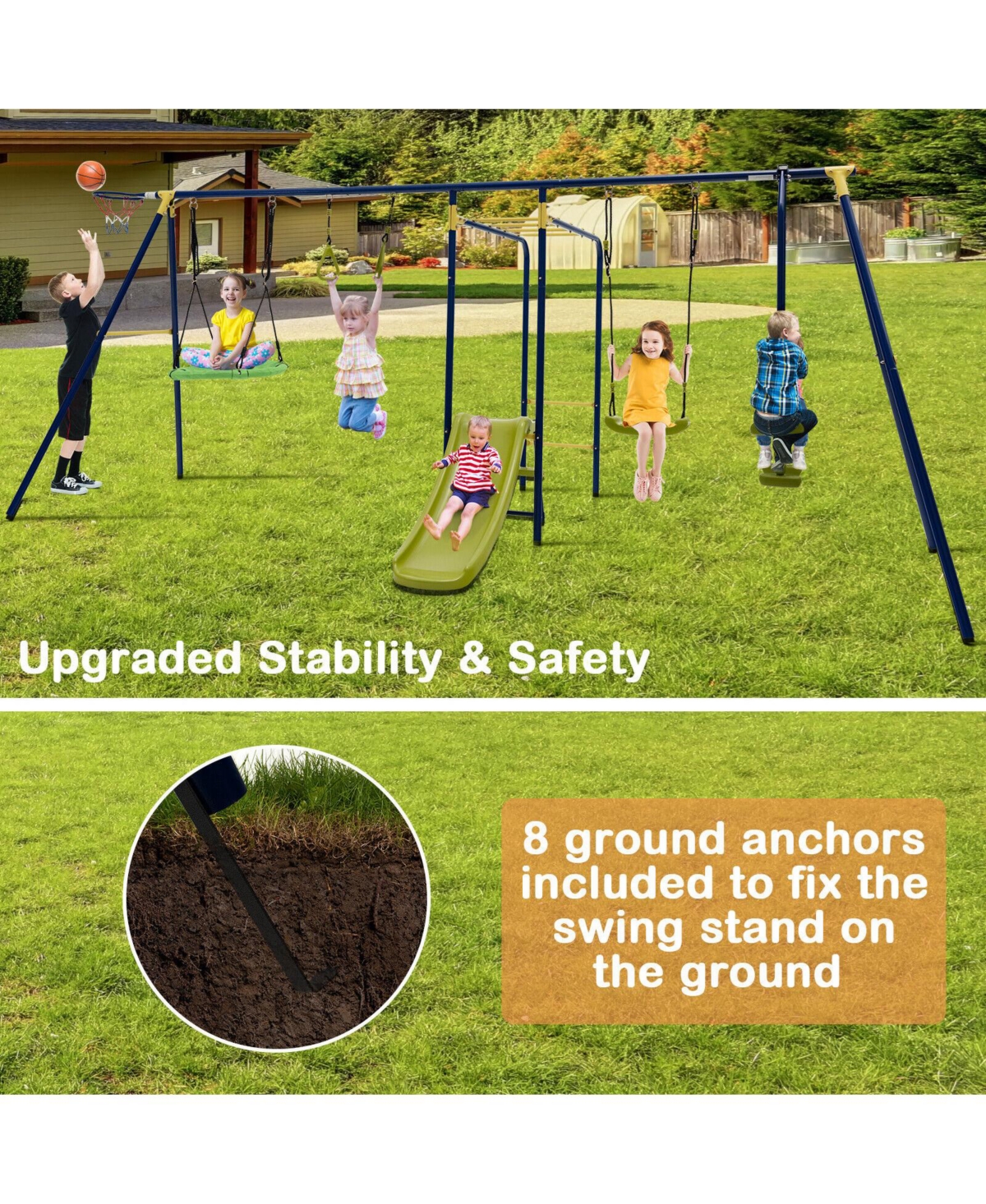Hongge Kids Outdoor 7 in 1 Metal Swing Set with Slide Monkey Bar and Basketball Hoop