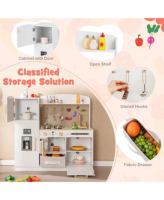 Wooden Kids Kitchen Playset with Chalkboard Ice Maker Sink Lighted Microwave-White