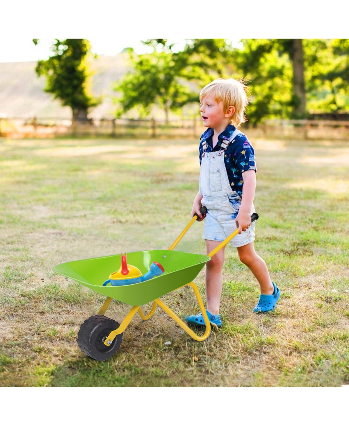 Sugift Outdoor Garden Backyard Play Toy Kids Metal Wheelbarrow-Light Green