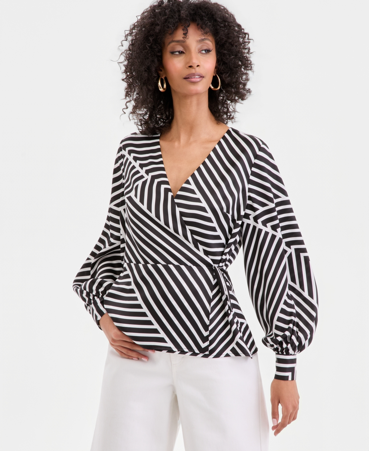 I.n.c. International Concepts Women's Long Sleeve Printed Wrap Blouse, Macy's Exclusive