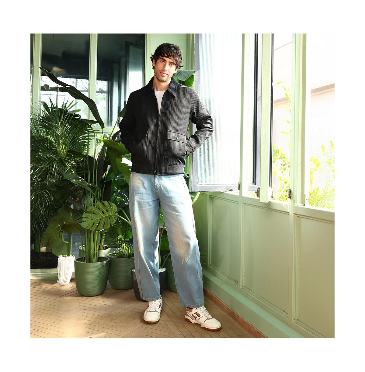 Campus Sutra Men's Midnight Black Zip-Front Crease-Tactile Jacket