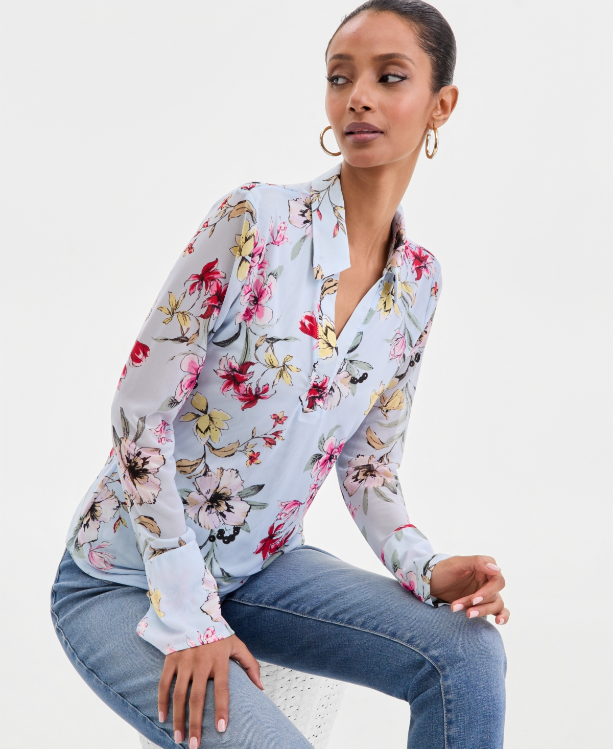I.n.c. International Concepts Women's Long-Sleeve Printed Mesh Collared Top, Macy's Exclusive