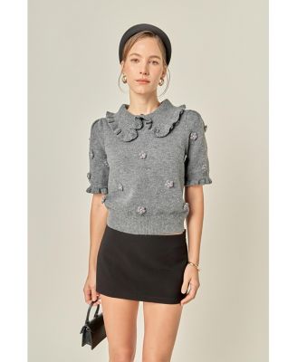 Women's Pearl Floral Ruffle Sleeve Knit