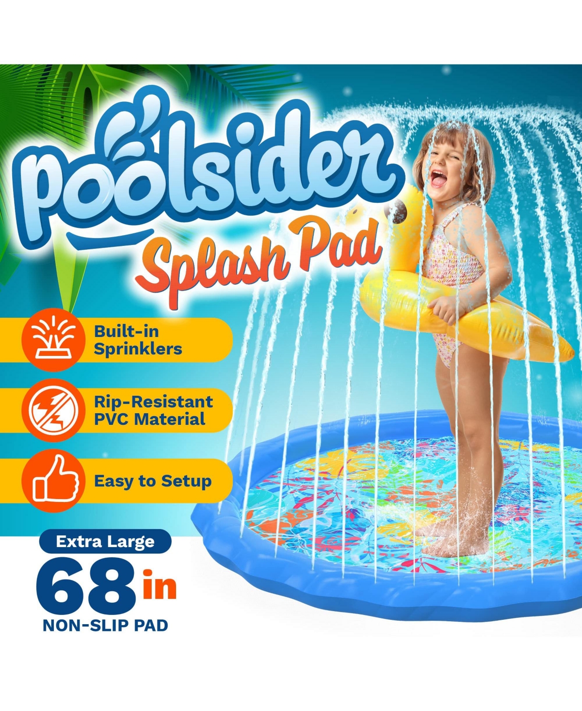 Large Splash Pad for Kids and Dogs | Water Sprinkler | 68" Splash Pads for Toddlers 1-3 & Play Mat