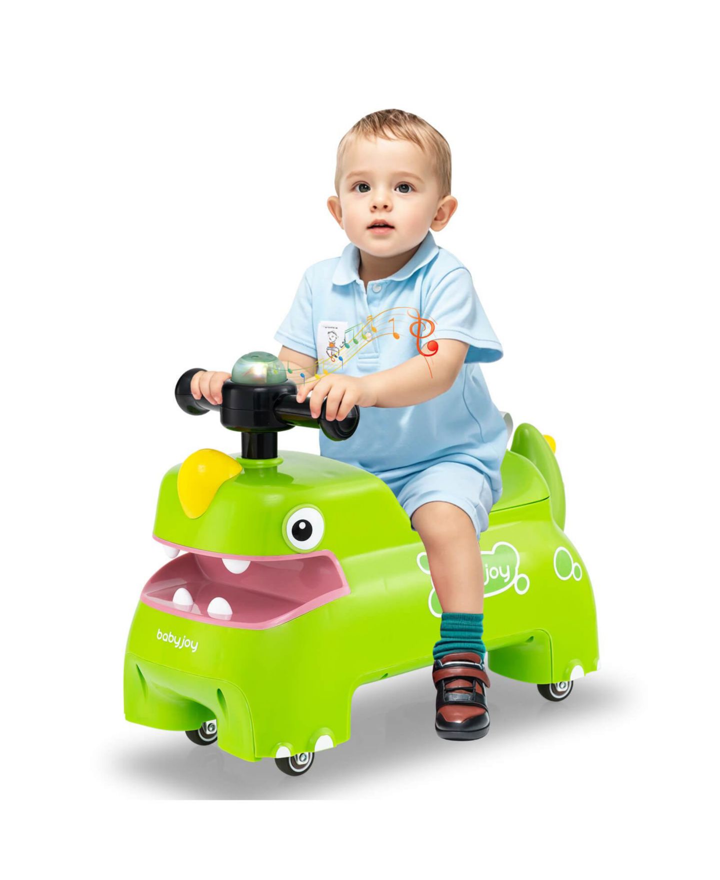 Детская игрушка Costway Baby Dinosaur Sliding Car with LED Lights and Under-Seat Storage Ride-On Toy, 55 lbs. Capacity, Ages 18 Months+, цвет: Зелёный — фото 10