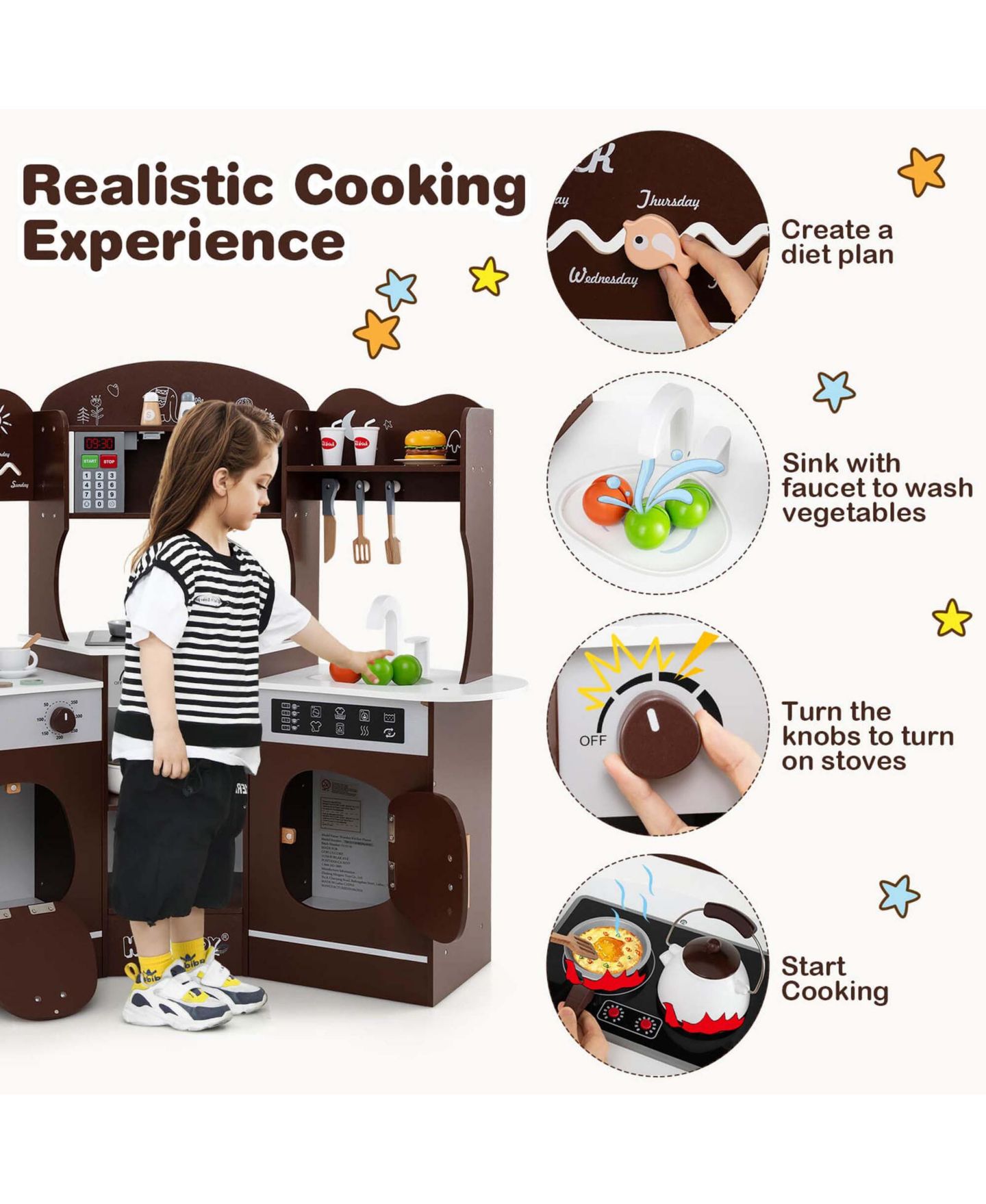 Детский игровой набор Costway Corner Kitchen Playset with Coffee Machine, 12-Piece, Ages 3+, цвет: Коричневый — фото 9