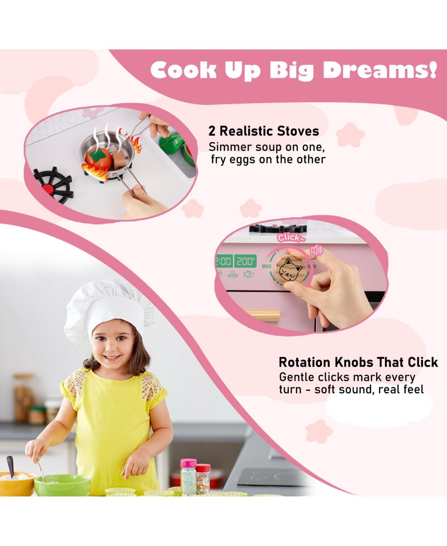 Детские игрушки Gymax 2-Stove Clickable-Knob Kids Play Kitchen, 7-Piece Set, Ages 3-6, цвет: Розовый — фото 9