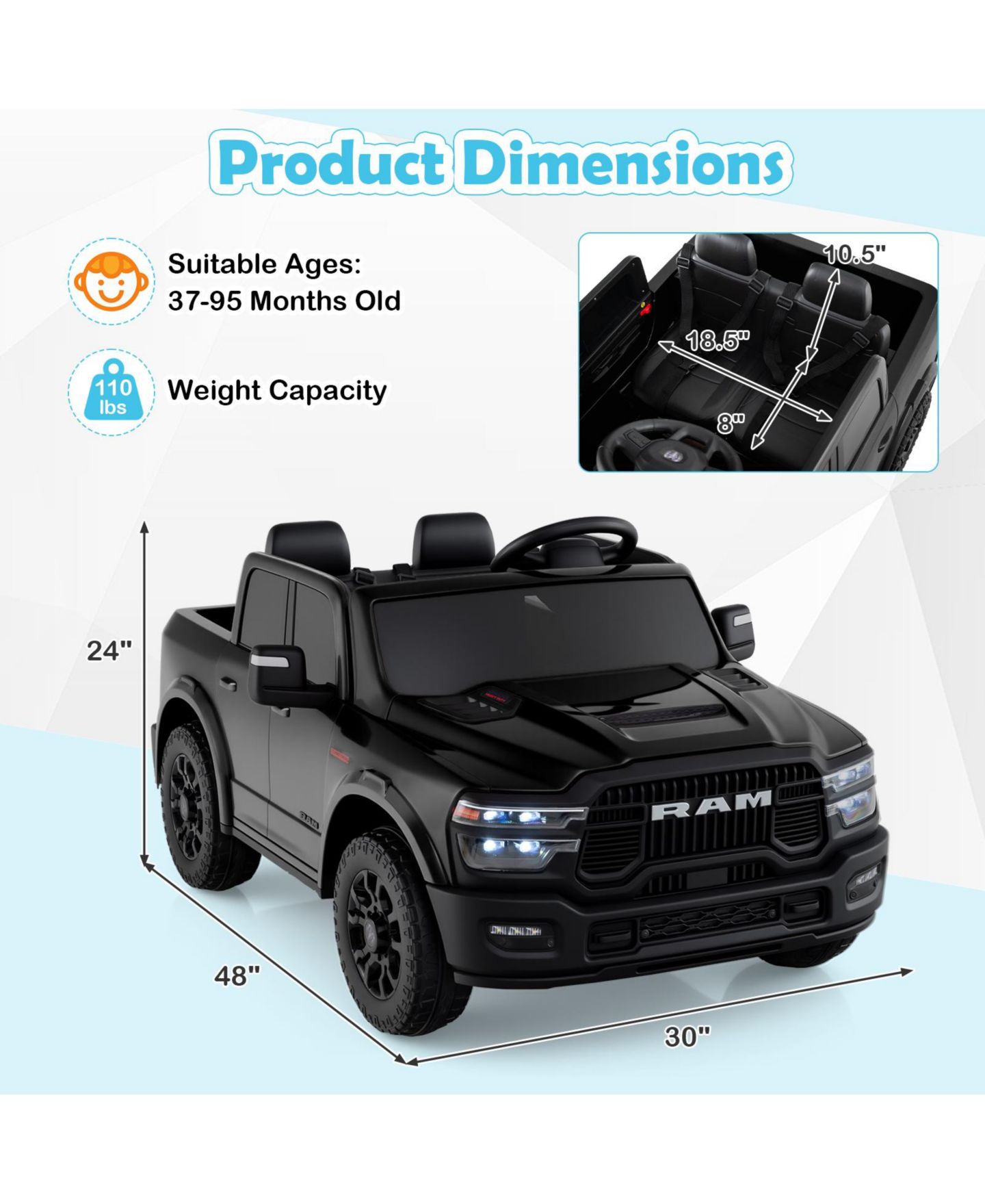Детская игрушка Gymax Ram 2500 Rebel 2-Seater Remote Control Ride-On Truck, 110 lbs, Ages 3-7 Years, цвет: Чёрный — фото 3
