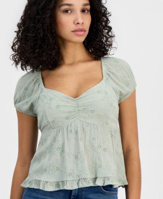 Juniors' Short-Sleeve Embroidered Sweetheart-Neck Babydoll Top