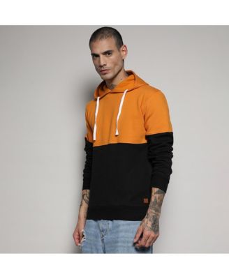 Men's Black & Mustard Yellow Pullover Hoodie With Ribbed Hem