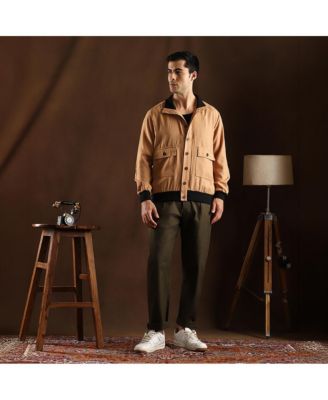 Men's Khaki Beige Tactile-Utility Bomber Jacket