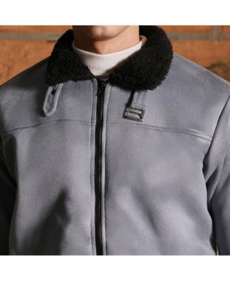 Men's Coin Grey Contrast Sherpa-Lined Suede Bomber Jacket