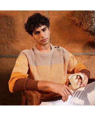 Men's Pumpkin Orange & Chocolate Brown Panel-Jacquard Knit Pullover Sweater