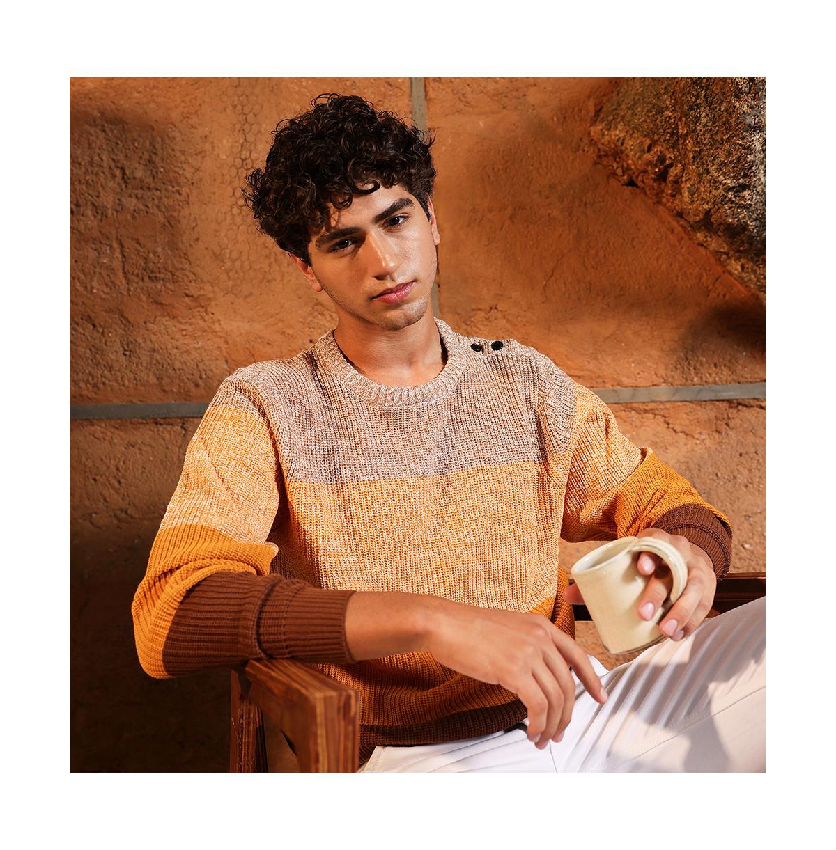 Campus Sutra Men's Pumpkin Orange & Chocolate Brown Panel-Jacquard Knit Pullover Sweater
