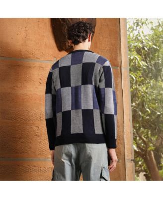 Men's Navy Blue Block-Check Pullover Sweater
