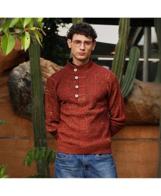 Men's Terracotta Brown Heathered-Jacquard Knit Fisherman Sweater