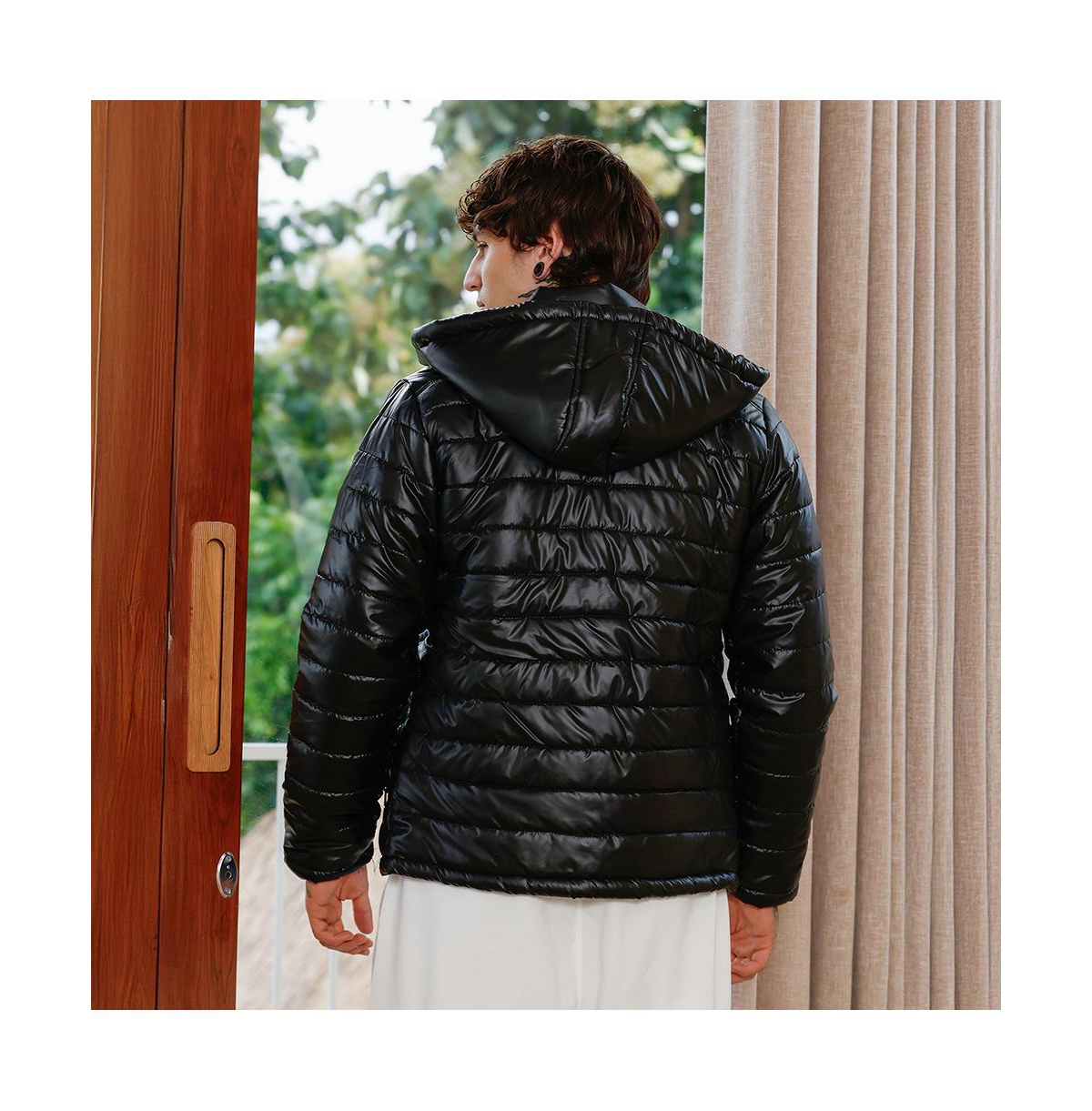 Campus Sutra Men's Onyx Black Patent-Quilt Puffer Jacket