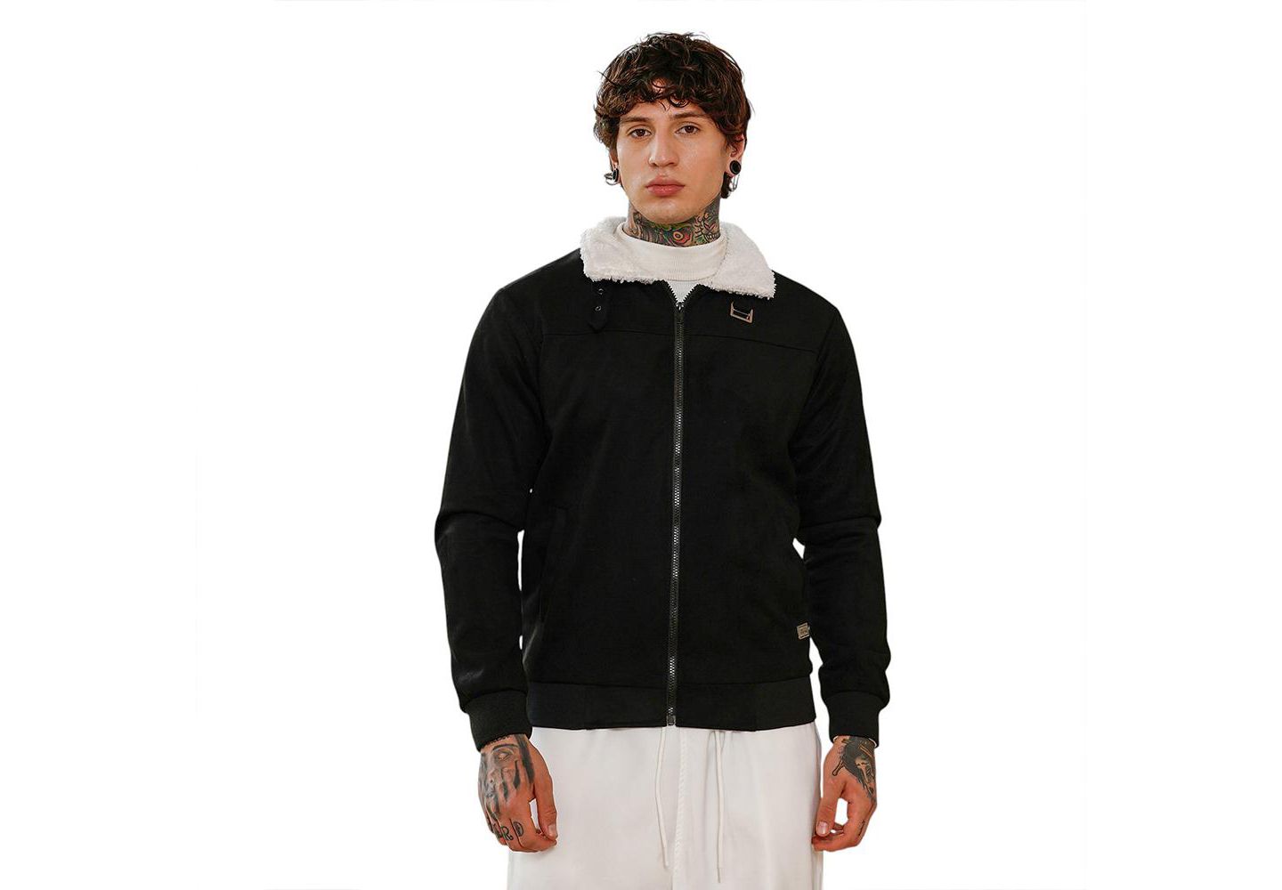Мужская куртка Cahoot Campus Sutra Raven Black Contrast Sherpa-Lined Suede Bomber, цвет: Чёрный — фото 1