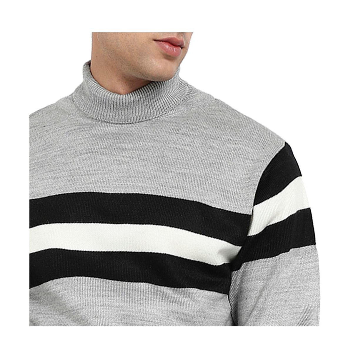Campus Sutra Men's Light Grey Relaxed Horizontal Striped Pullover Sweater