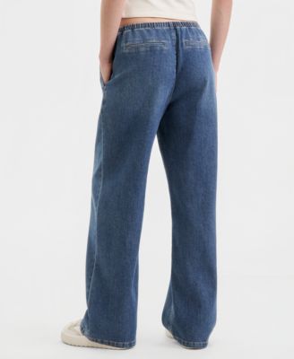 Juniors' Heart-Embroidered Drawstring Wide-Leg Jeans